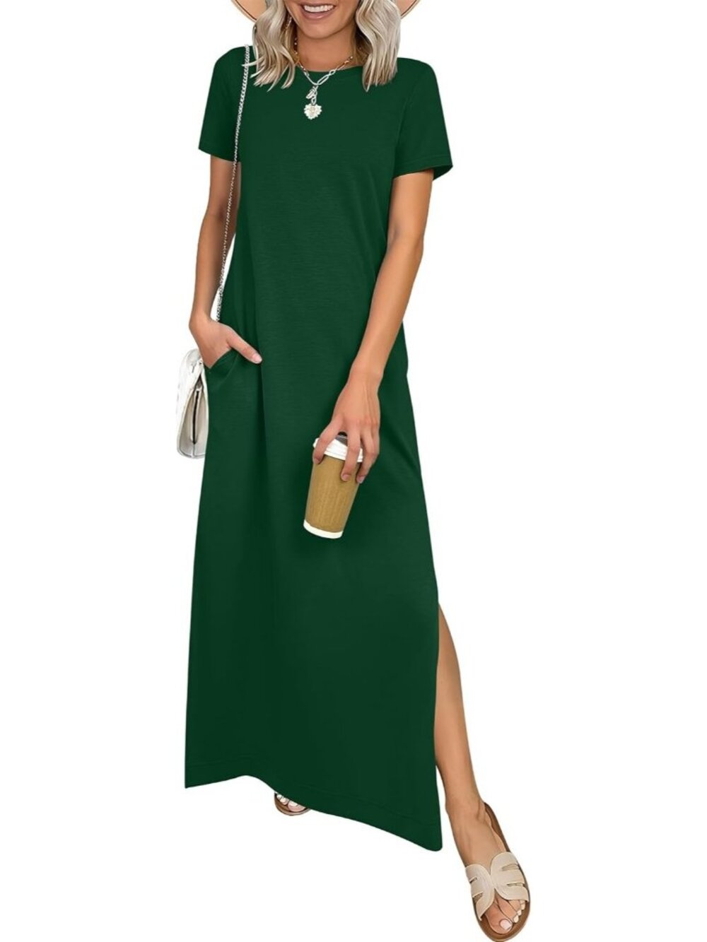Women's Forest Green Crewneck Summer Casual Maxi Short Sleeve Split Long Dress